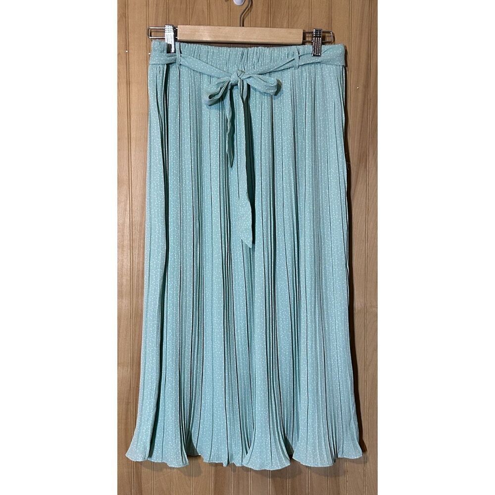 Alice Blue Women's Size Large Belted Midi Skirt Light Green Pleated Polka Dots